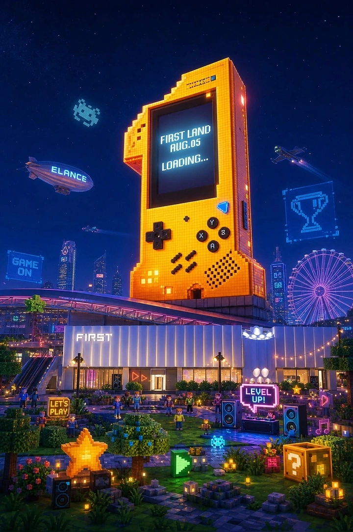 Gaming & Esports creative ad: Giant pixel handheld as launch-venue landmark