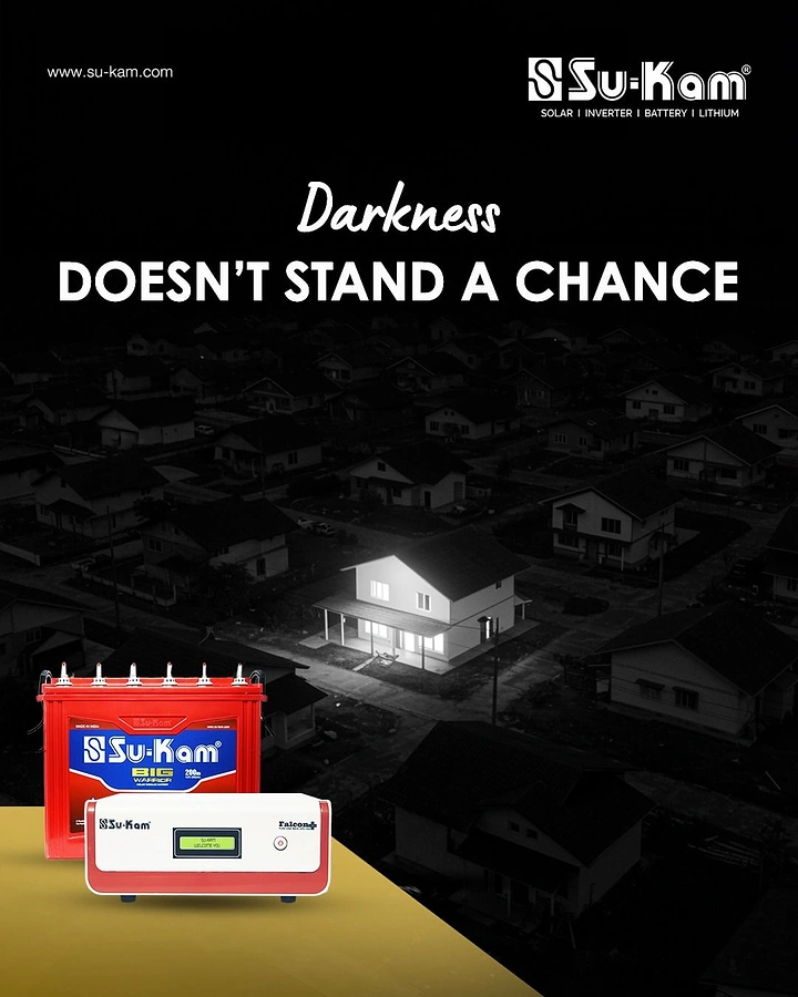 Batteries & Inverters creative ad: One lit house in a blacked-out neighbourhood, with an inverter and battery in the foreground