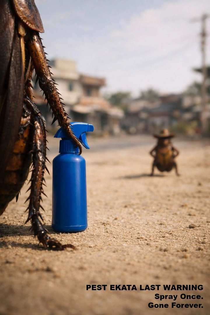 Pest Control creative ad: Western standoff: cockroach versus spray bottle