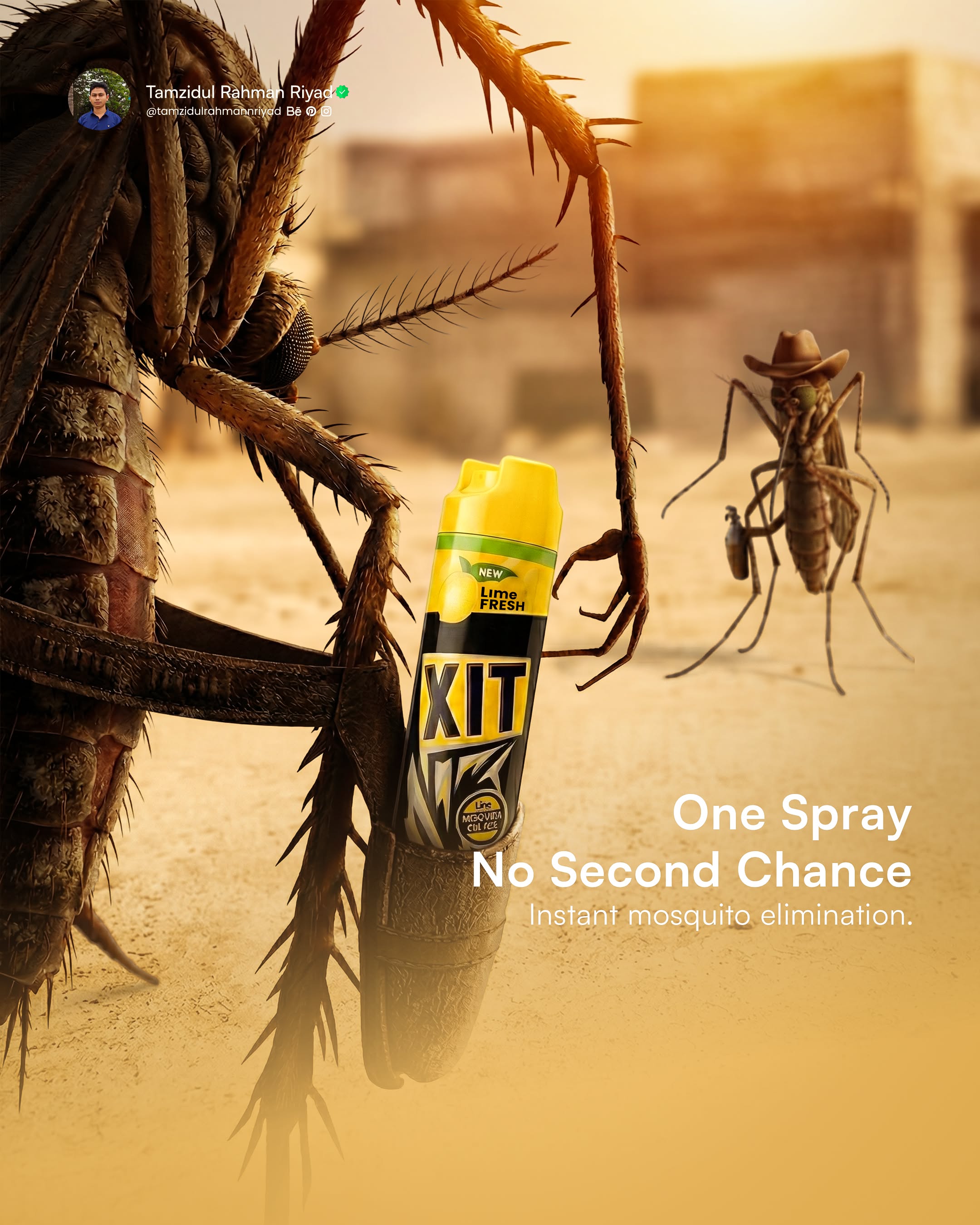 Instagram post: Cinematic spray-can versus mosquito standoff
