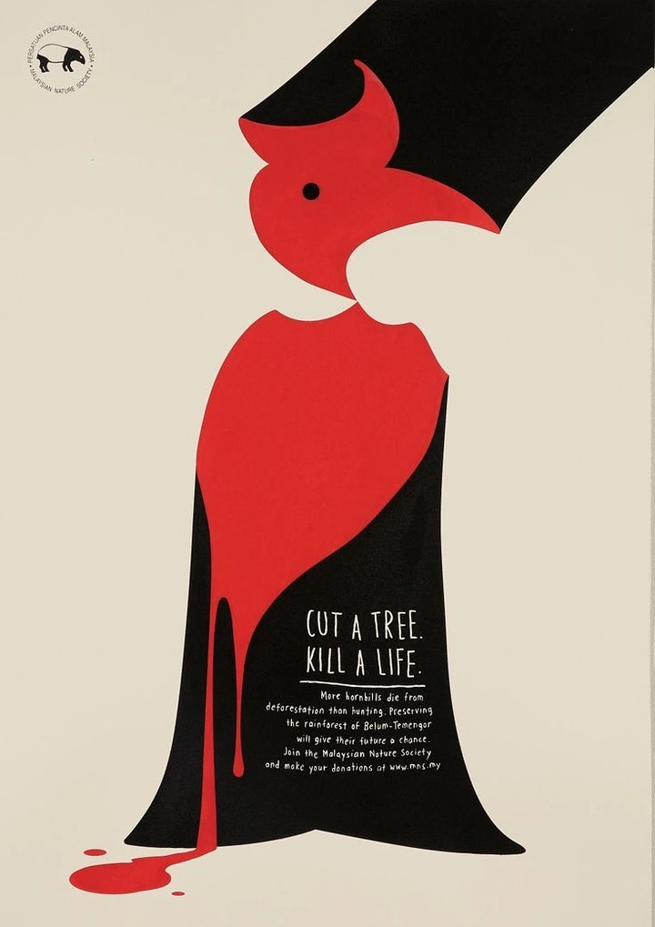 Nonprofit & Social Cause creative ad: Red hornbill formed inside a cut black tree stump