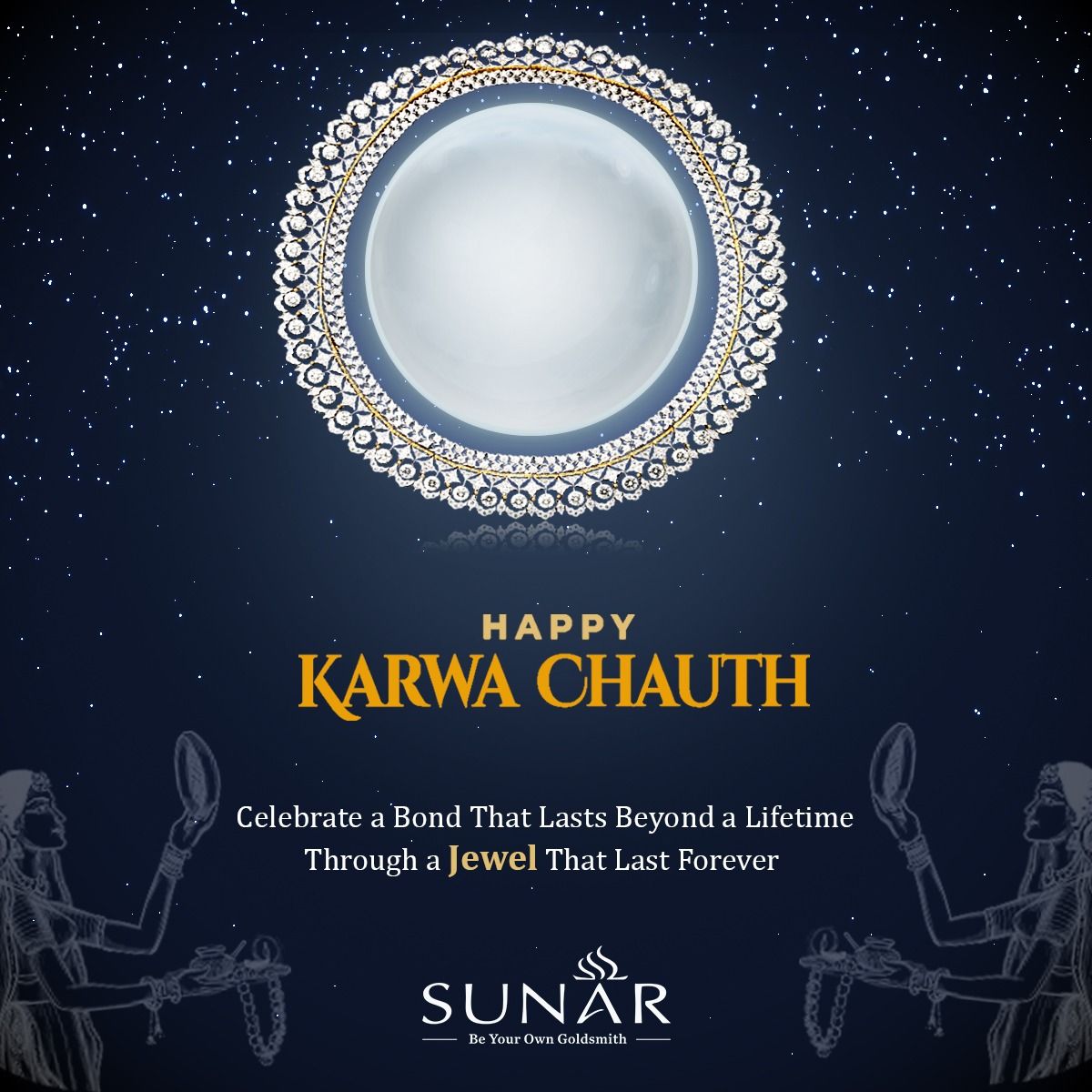 Circular diamond necklace framing a glowing full moon