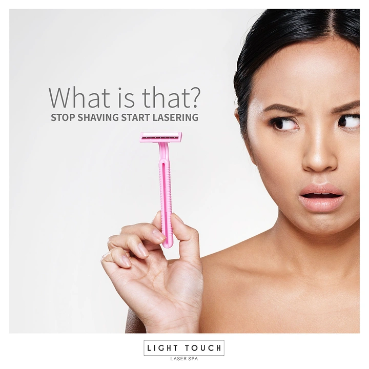 Skin & Cosmetic Clinics creative ad: Puzzled model eyeing razor, 'What is that?'