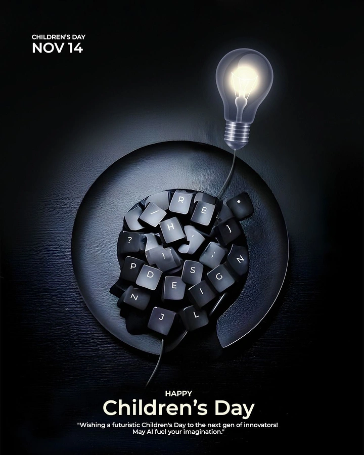 Children's Day creative ad: Head silhouette filled with keyboard keys wired to a glowing bulb