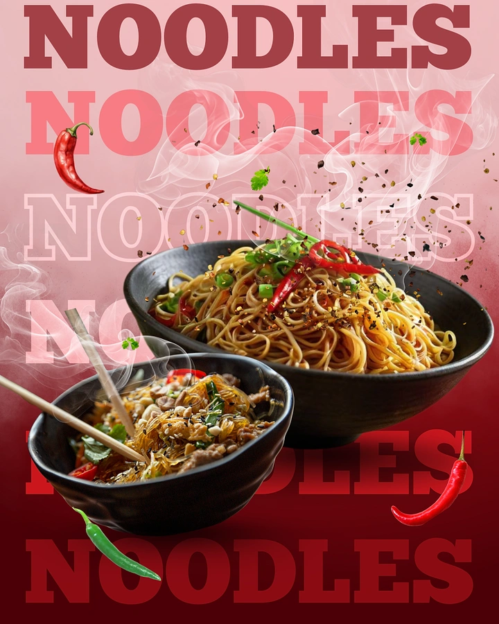 Instant Noodles & Pasta Brands creative ad: Layered noodle imagery creates energetic type composition