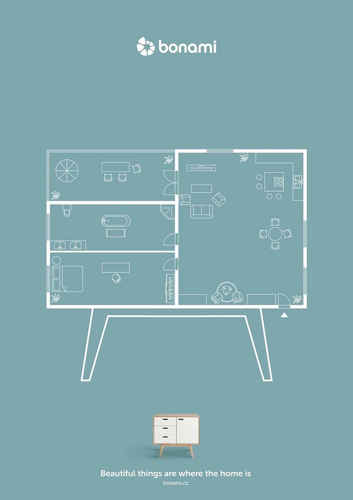 Creative ad: House floor plan drawn as a sideboard on legs