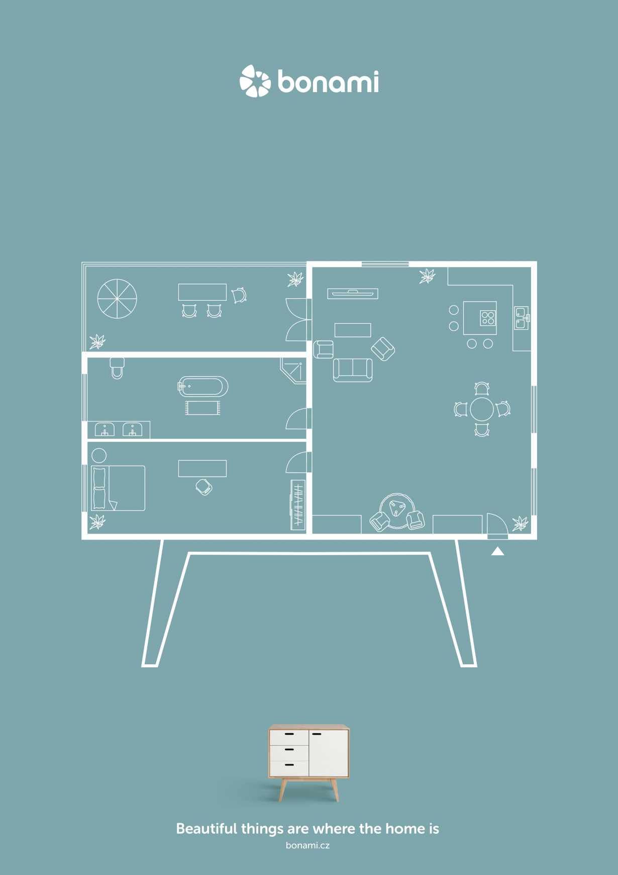 Poster: House floor plan drawn as a sideboard on legs