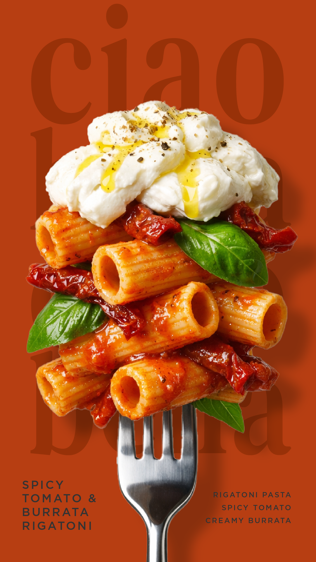 Story: Rigatoni stacked on a fork topped with burrata