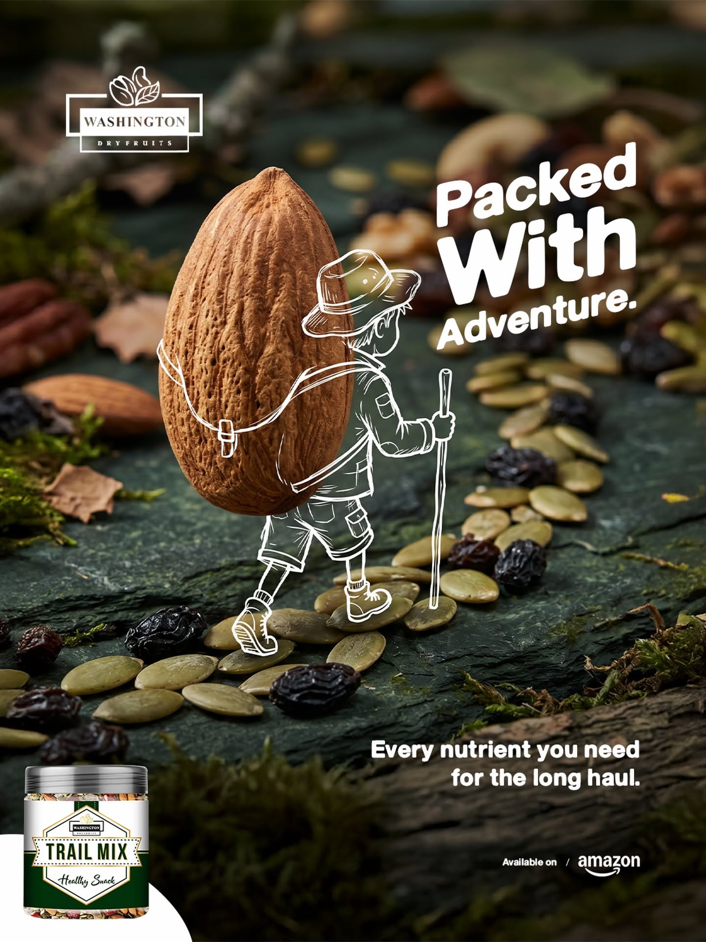 Almond as a backpack carried by a white line-drawn hiker