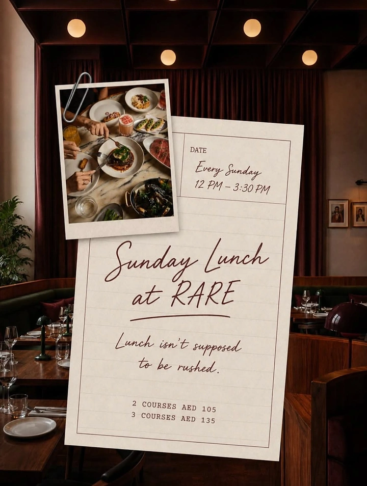 Creative ad: Handwritten menu card clipped with a food polaroid over a restaurant interior