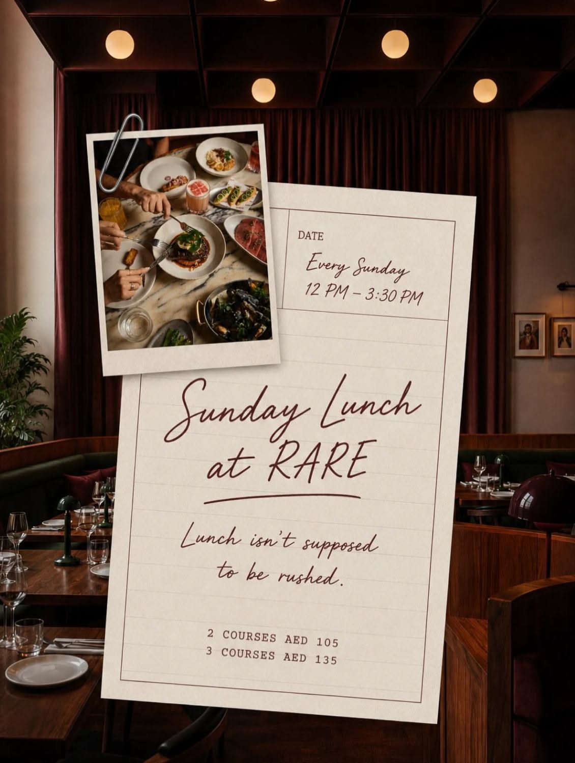 Instagram post: Handwritten menu card clipped with a food polaroid over a restaurant interior