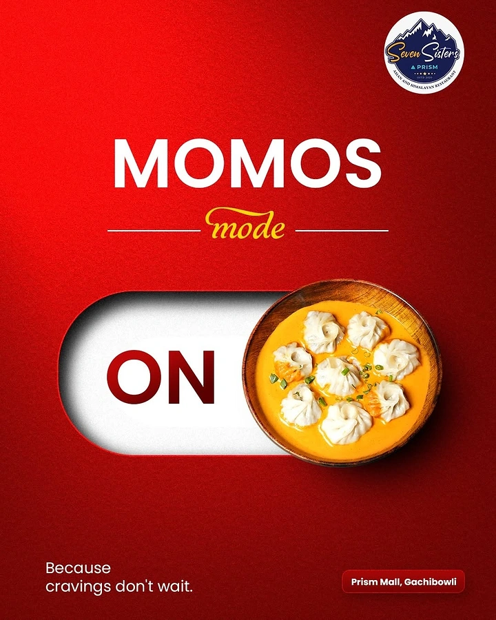 Cloud Kitchens & Food Trucks creative ad: Momos as toggle switch 'mode ON'