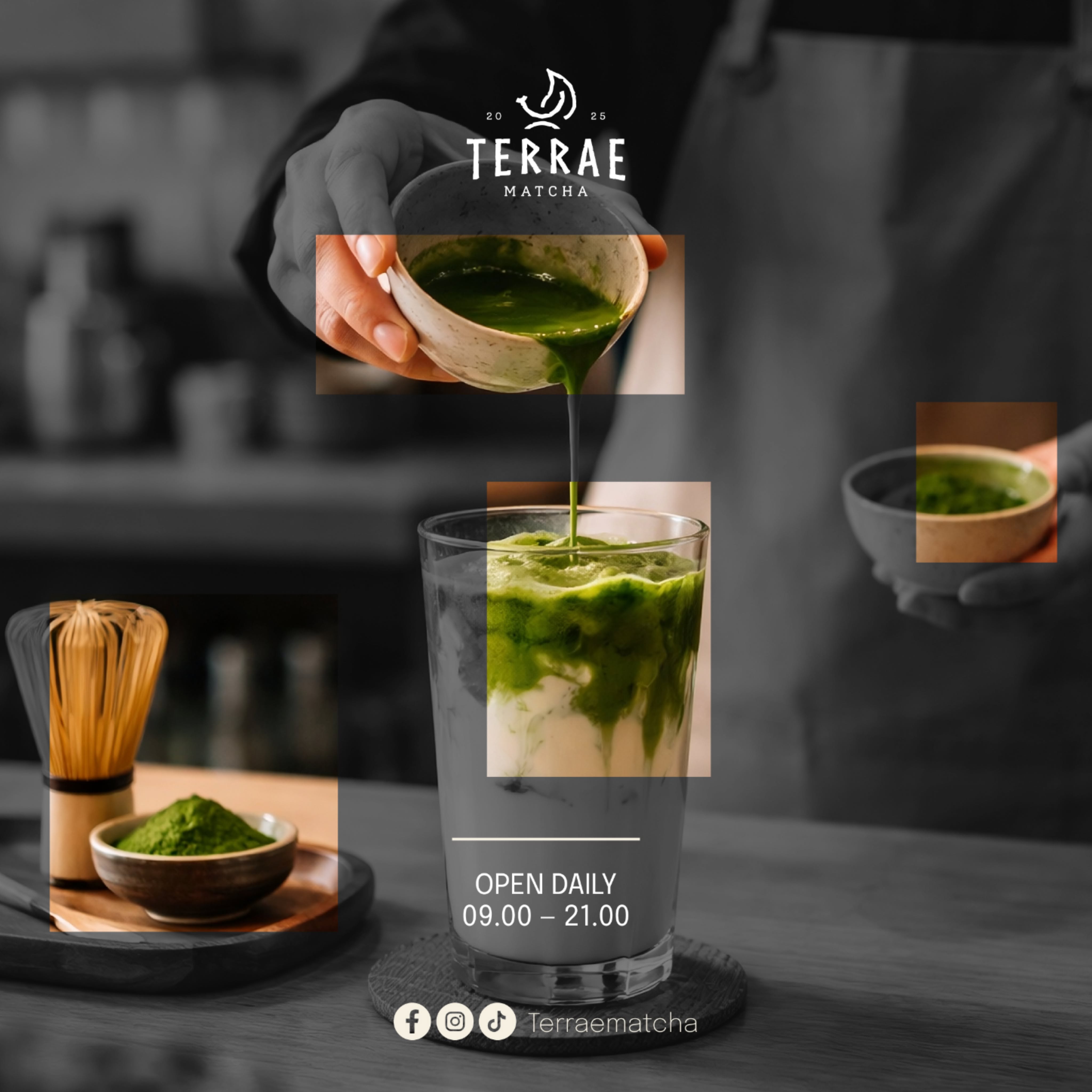 Instagram post: Monochrome photo with color-popped matcha windows