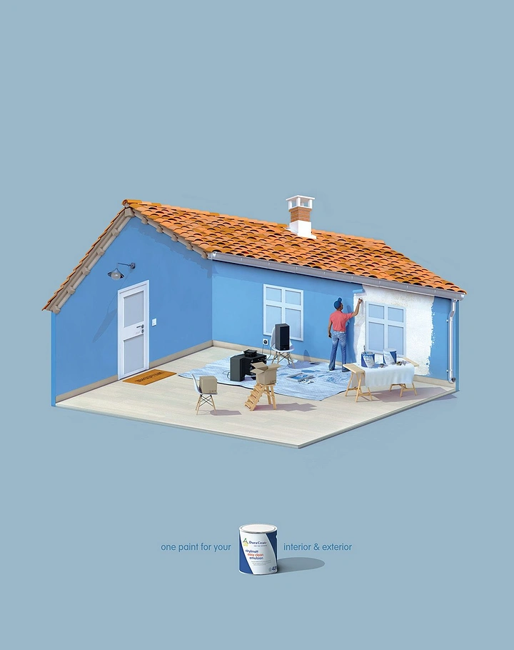 House Painters creative ad: Isometric 3D cutaway house painted blue inside and out, with a tiny painter at work