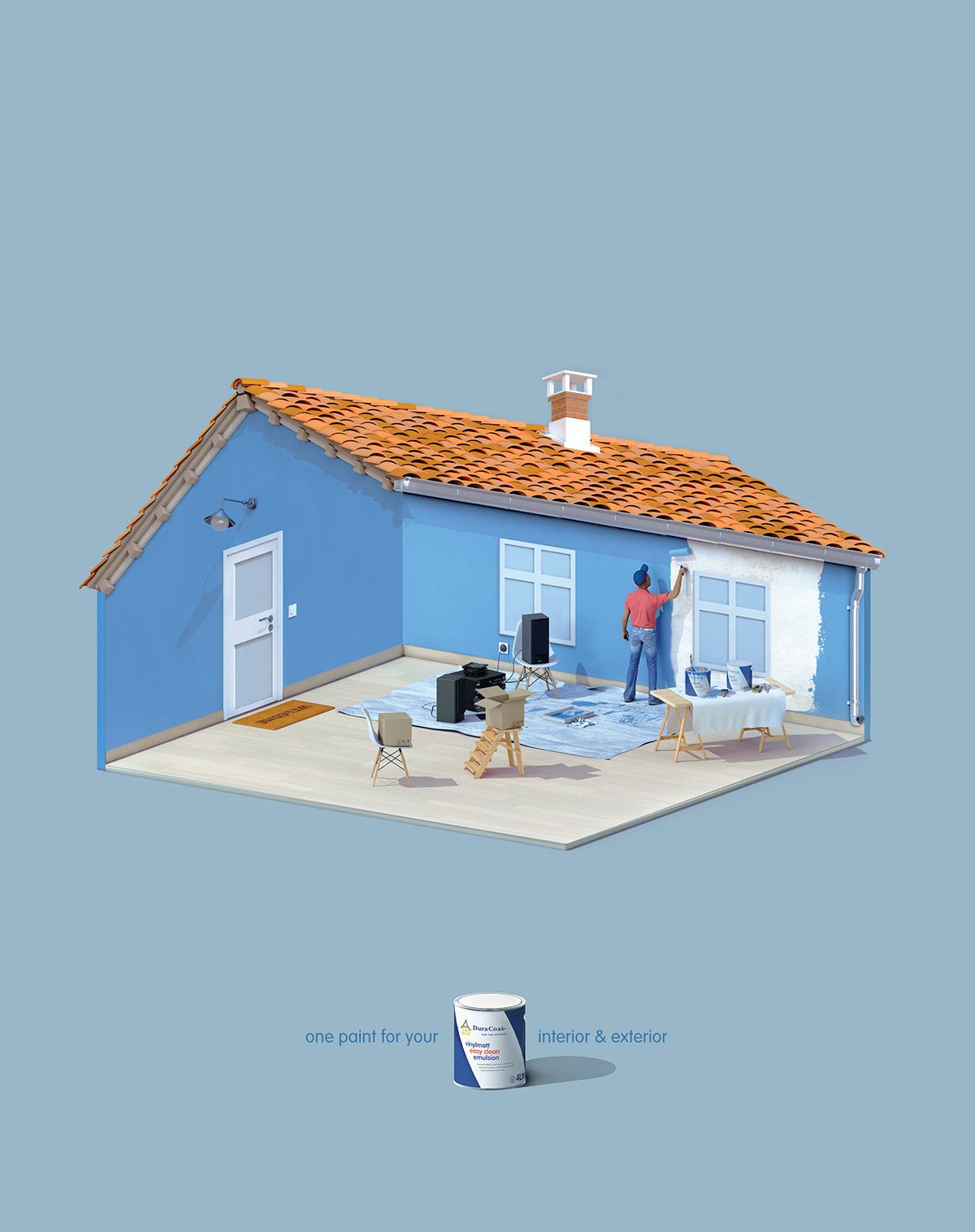 Poster: Isometric 3D cutaway house painted blue inside and out, with a tiny painter at work