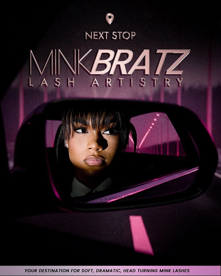 Lash & Brow Studios creative ad: Lash artist seen through a car’s rear-view mirror