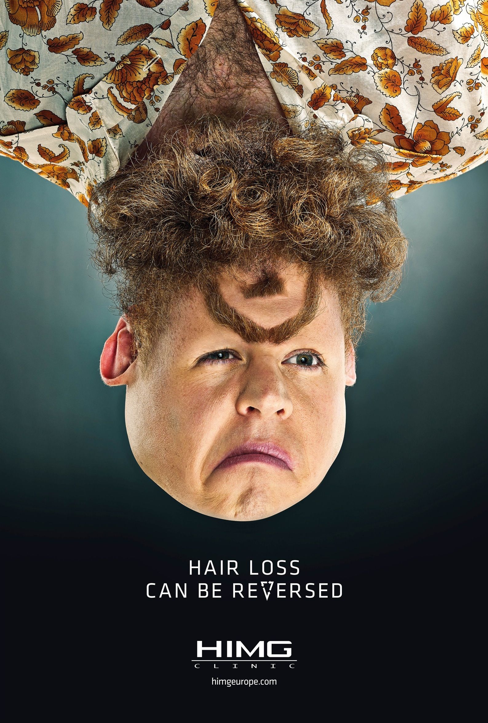 Poster: Upside-down balding man whose hairy chest reads as a full head of hair