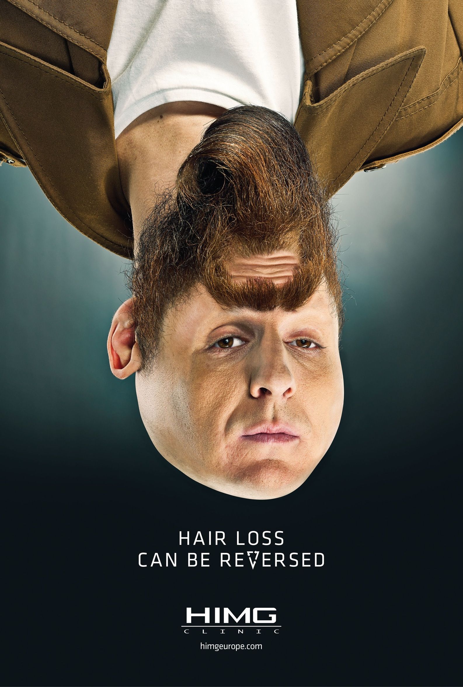 Poster: Upside-down man whose chin-and-jaw reads as a full head of hair