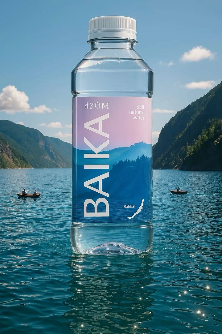 Packaged Drinking Water creative ad: Giant bottle integrated into lake landscape