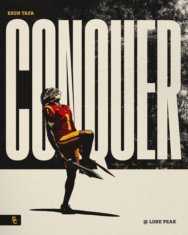 Education creative ad: Football player in red-gold uniform with helmet, knee raised, holding a sword