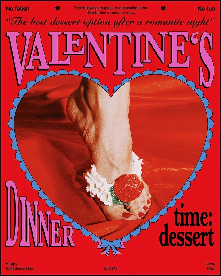 Valentine's Day creative ad: Foot with red pedicure wrapped in whipped cream and a sugared rose, inside a heart frame