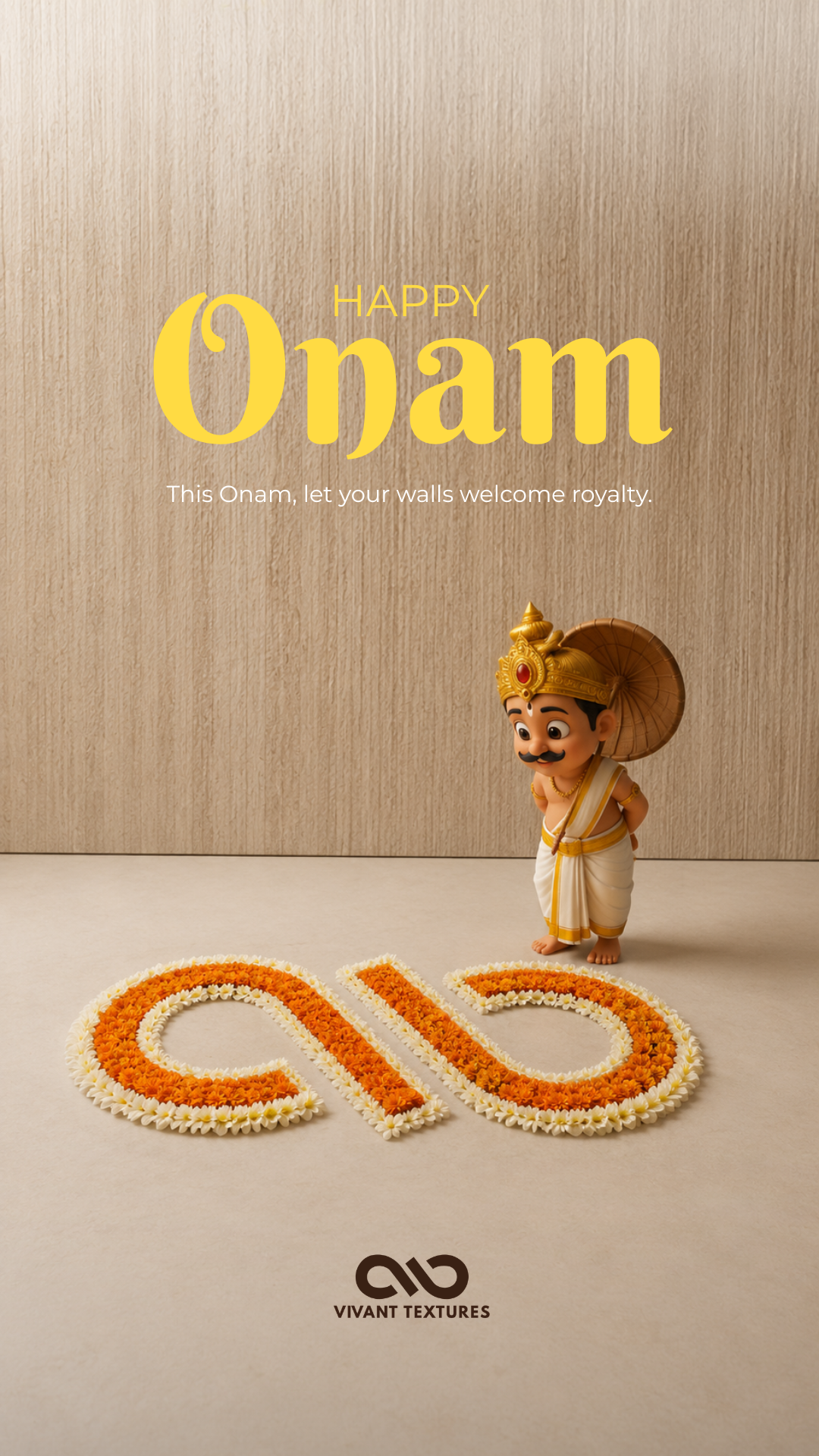 3D Mahabali figure beside a marigold flower logo on the floor