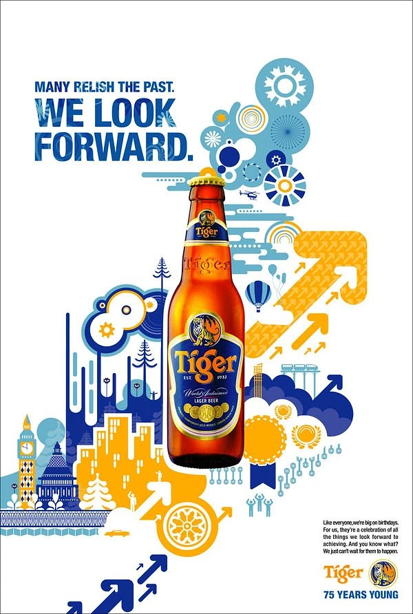 Creative ad: Beer bottle amid a flat vector landscape of progress motifs