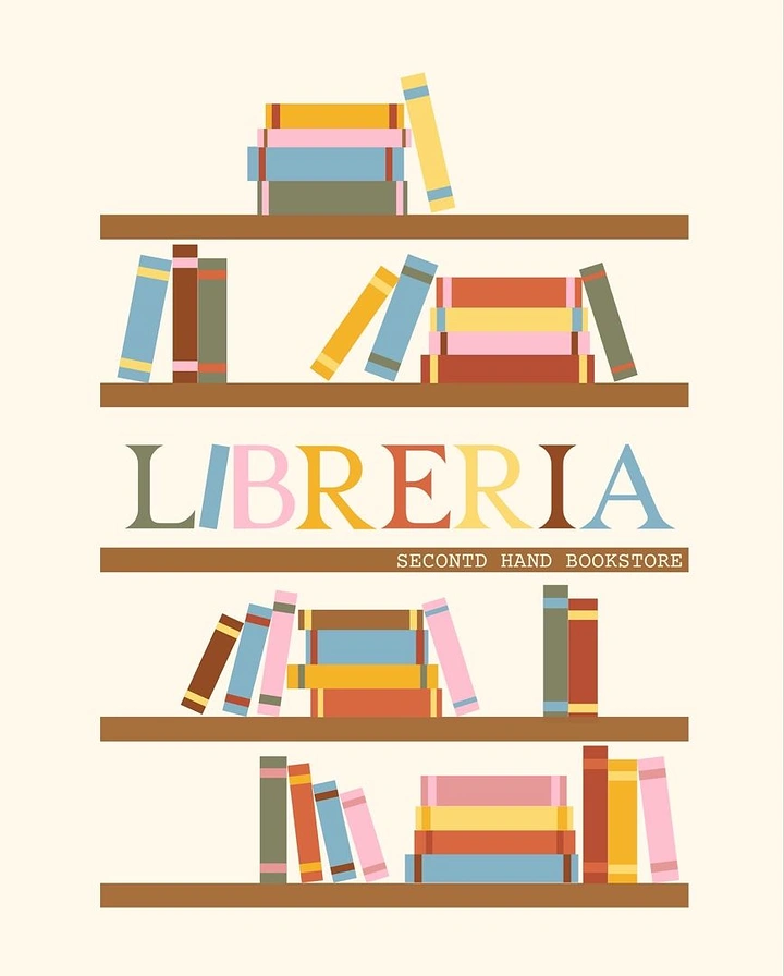 Bookstores creative ad: Letters shelved as books: LIBRERIA pun