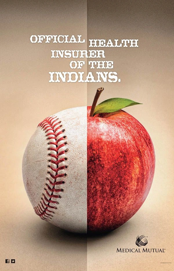 Healthcare creative ad: Half baseball, half red apple merged into one sphere