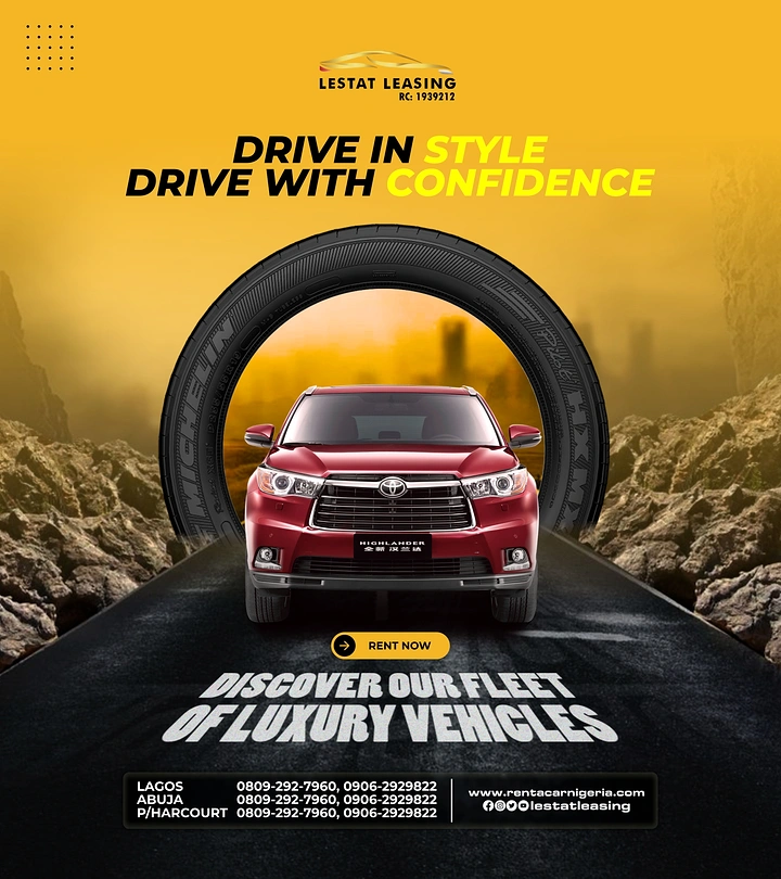 Car Rental creative ad: Car bursting through tyre tunnel frame