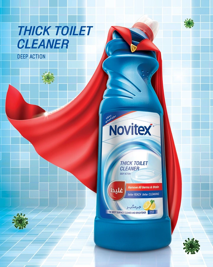 Detergents & Home Cleaning Products creative ad: Toilet cleaner bottle wearing a flowing red superhero cape