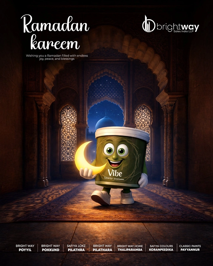 Ramadan creative ad: Cartoon paint-bucket mascot walking through an ornate arched hall holding a glowing crescent