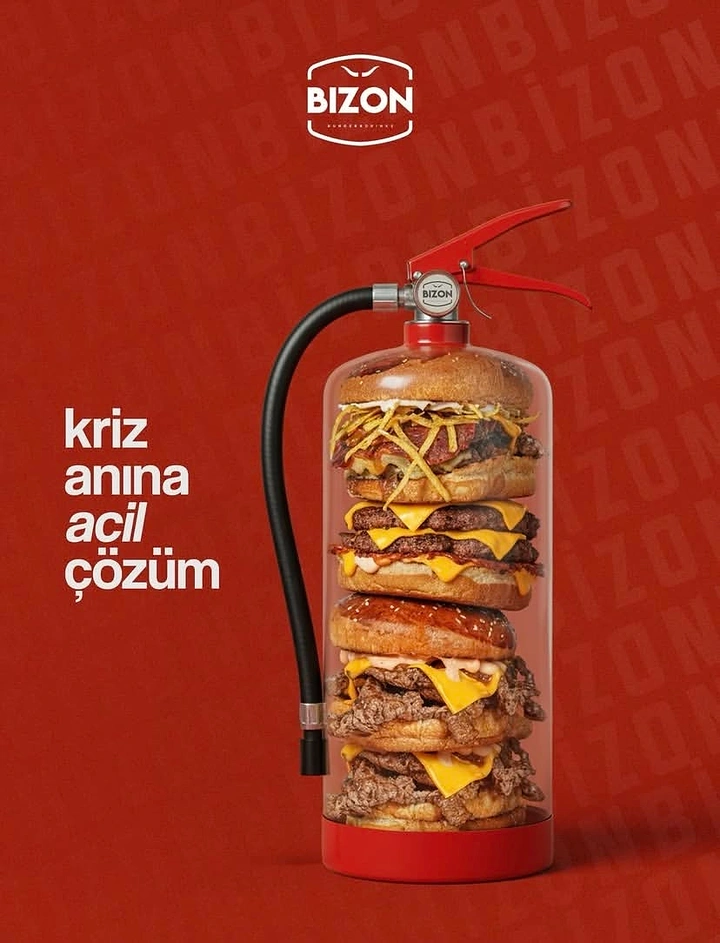 Fast Food creative ad: Transparent fire extinguisher filled with stacked cheeseburgers