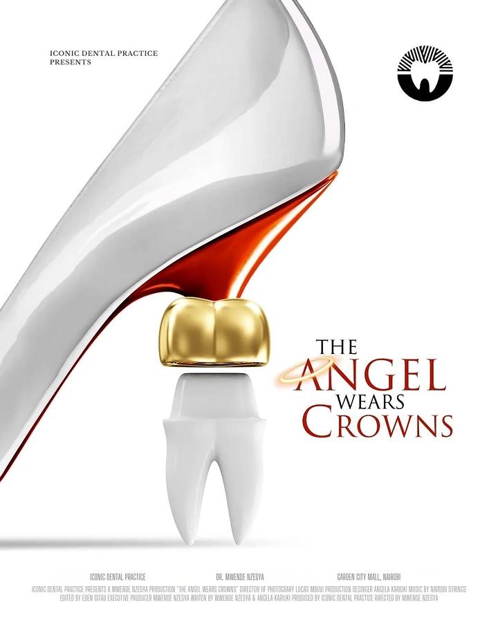 Dental creative ad: White stiletto whose heel is a tooth topped with a gold crown