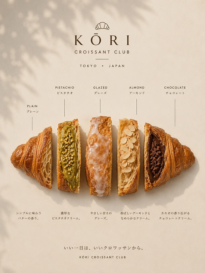 Coffee Shops creative ad: Croissant sliced into five flavour segments