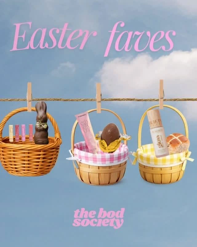 Easter creative ad: Three Easter baskets of beauty products pegged on a clothesline
