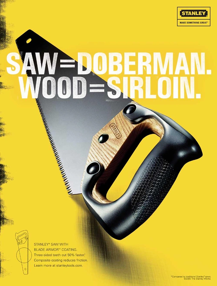 Hardware Stores creative ad: Hand saw with wood-and-rubber handle cutting diagonally across the frame