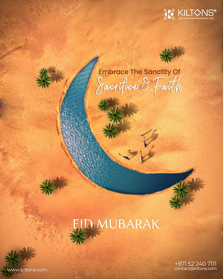Eid creative ad: Aerial desert with a crescent-moon-shaped oasis lake
