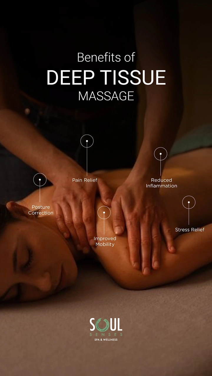 Physiotherapy creative ad: Hands giving a deep tissue massage to a woman's shoulder