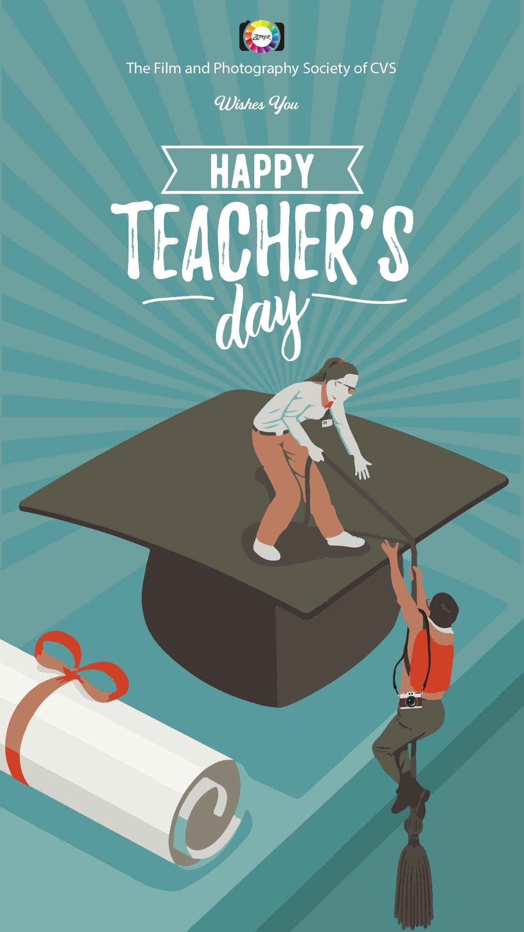 Teachers Day Story: Teacher on a giant graduation cap helping a student climb the tassel