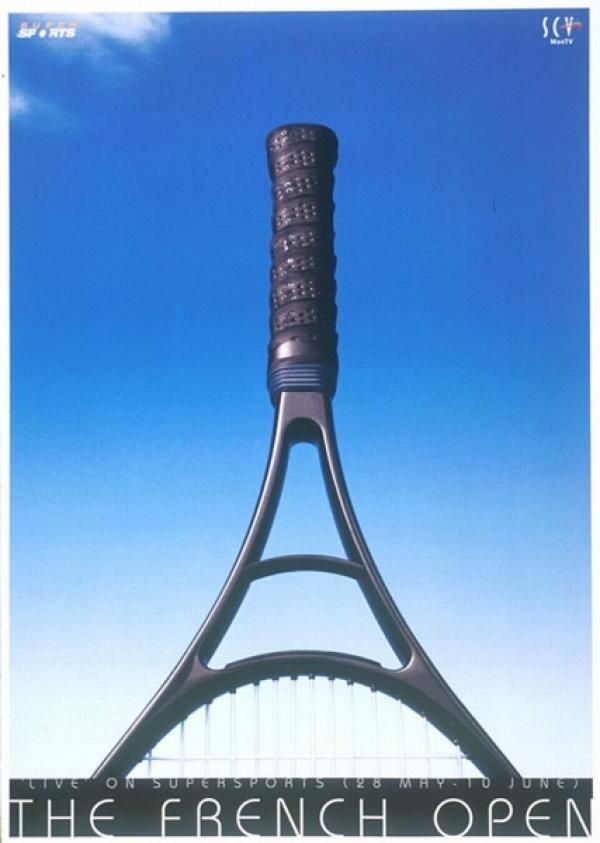 Giant tennis racquet standing upright to form the Eiffel Tower