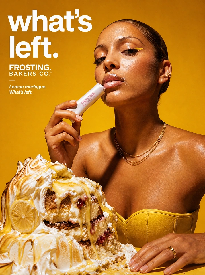 Sweet Shop creative ad: Model applying lip balm beside a messy lemon meringue cake