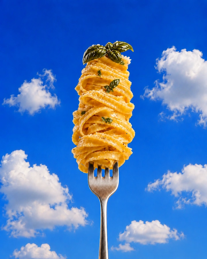 Italian Restaurants creative ad: Pasta tower staged dramatically against sky