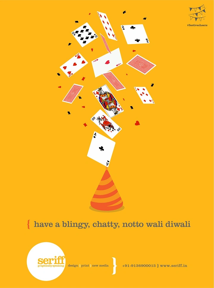 Diwali creative ad: Playing cards bursting out of a striped orange flowerpot firecracker