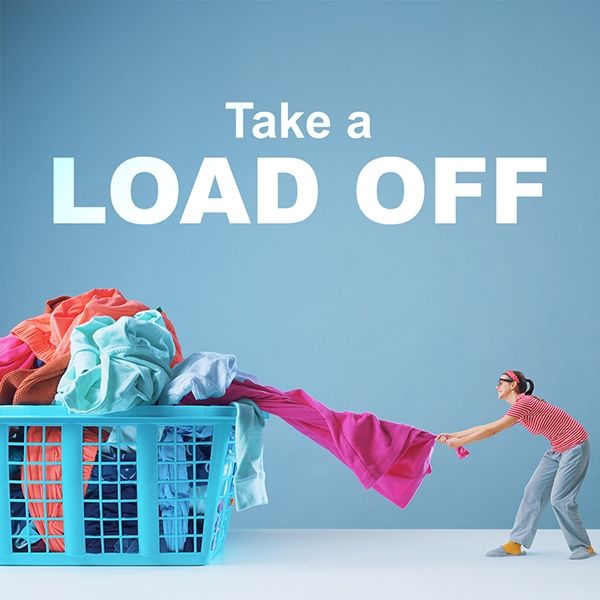 Instagram post: Tiny woman tugging giant laundry, 'load off' pun