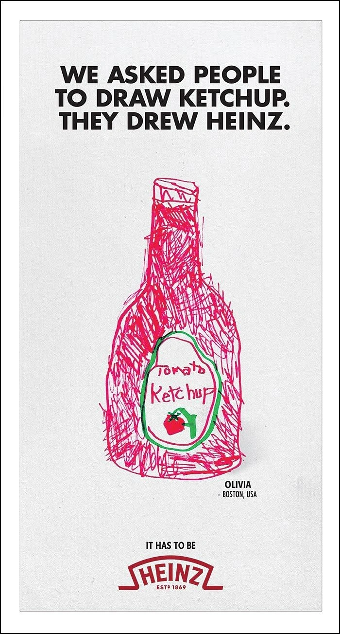 FMCG creative ad: Hand-scribbled red marker drawing of a ketchup bottle