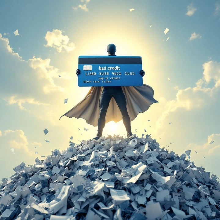 Credit Repair & Credit Score Services creative ad: Superhero rises above bad-credit wreckage