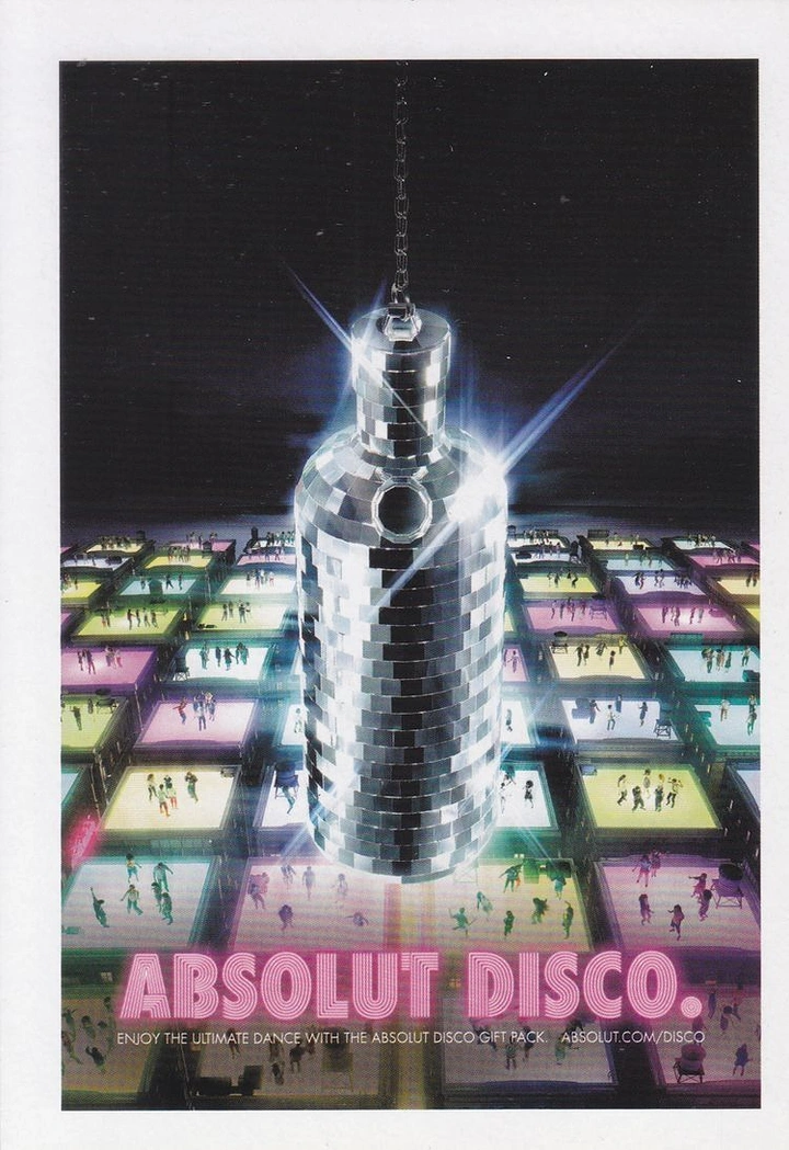 Creative ad: Mirror-ball bottle hanging over a grid of glowing dance floors