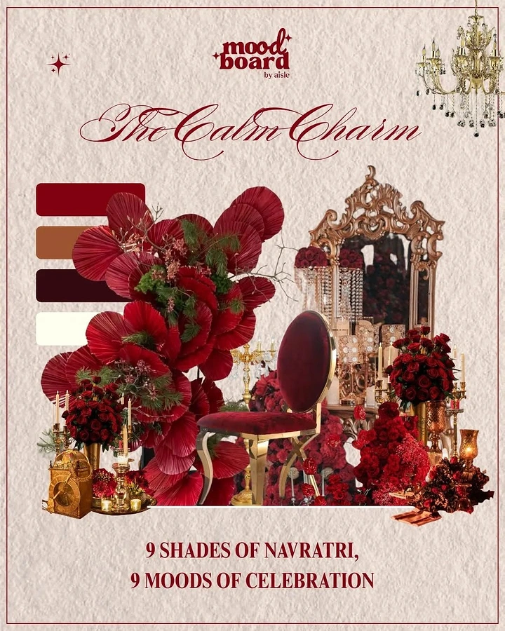 Navratri creative ad: Luxury red-and-gold interior mood board with an ornate mirror and velvet chair