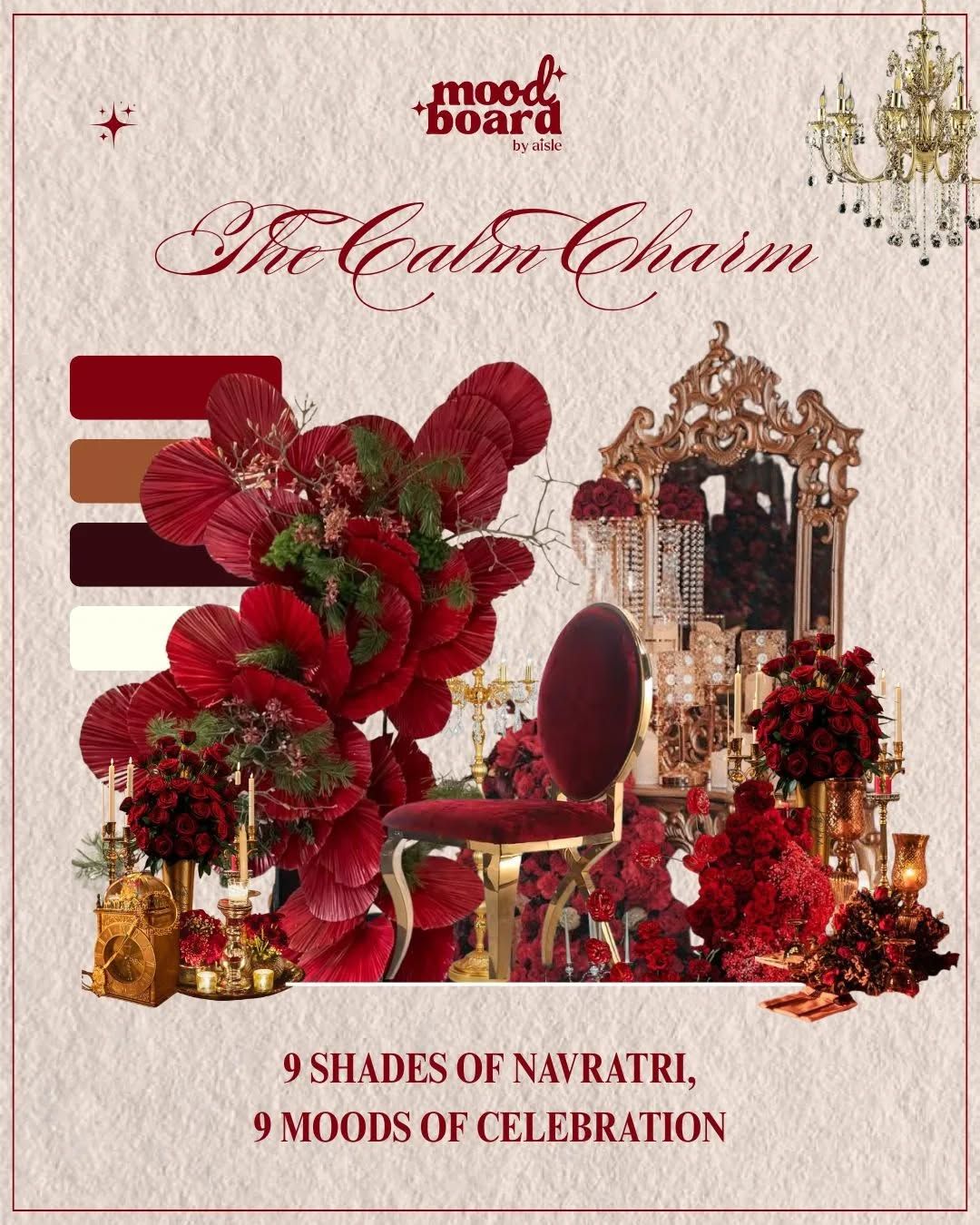Navratri Poster: Luxury red-and-gold interior mood board with an ornate mirror and velvet chair, slide 1